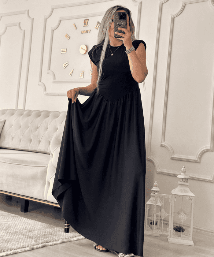 Fiyonklu Siyah Maxi Elbise