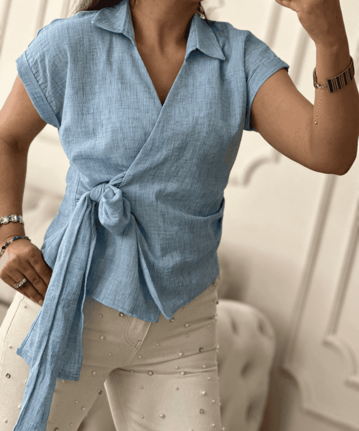 Alternative view of Kruvaze Bağlama Detaylı Keten Gömlek