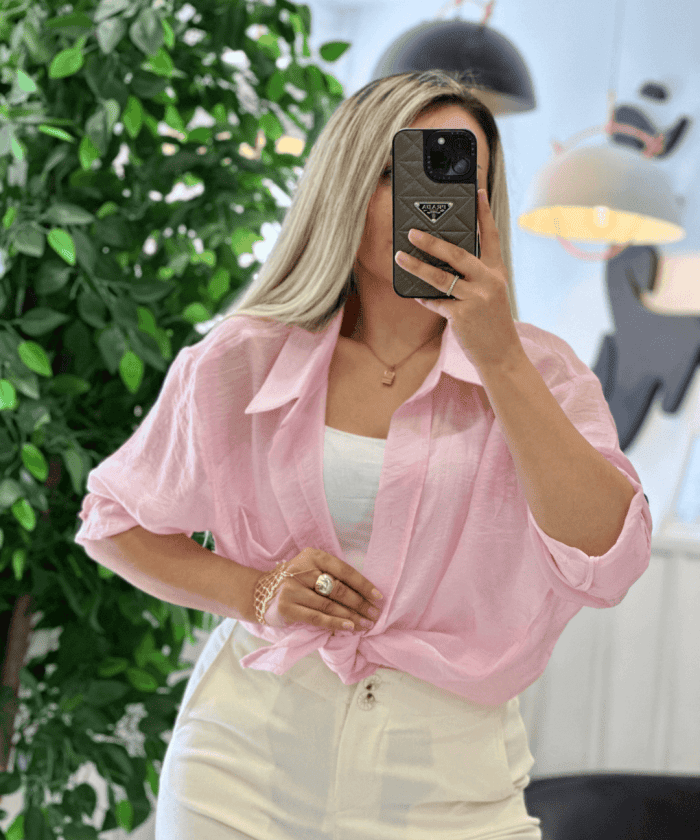 Alternative view of Standart Beden Organze Pudra Oversize Gömlek