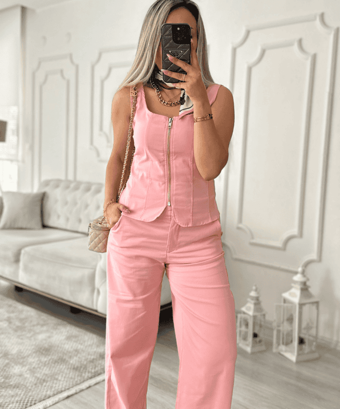 Alternative view of Beli Lastikli Palazzo Pudra Renk Pantolon