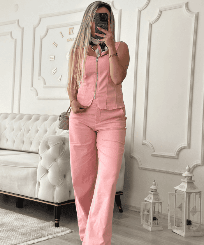 Beli Lastikli Palazzo Pudra Renk Pantolon