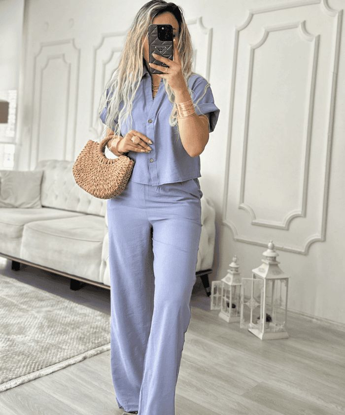 Gri Kısa Kol Keten Takım