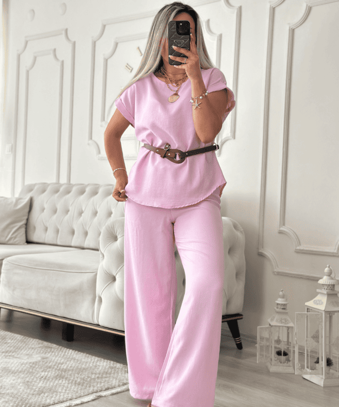 Kemerli Pudra Renk Keten İkili Takım