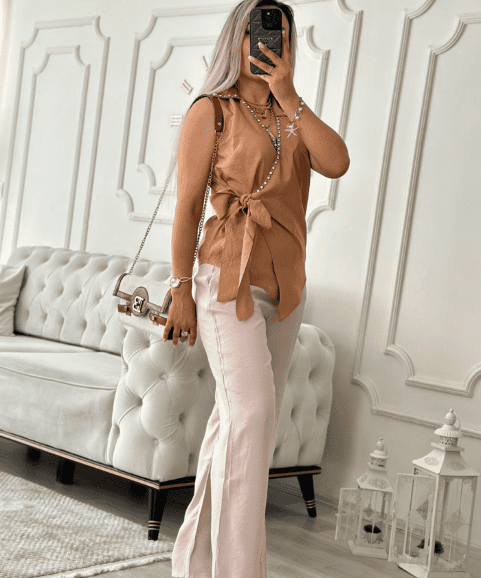 Alternative view of Beli Lastikli Krem Keten Pantolon