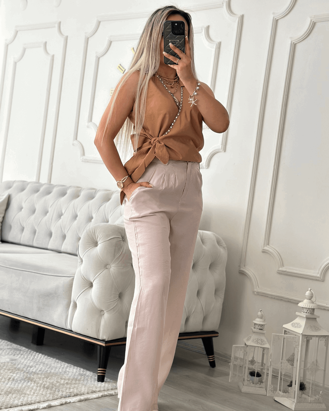 Beli Lastikli Krem Keten Pantolon