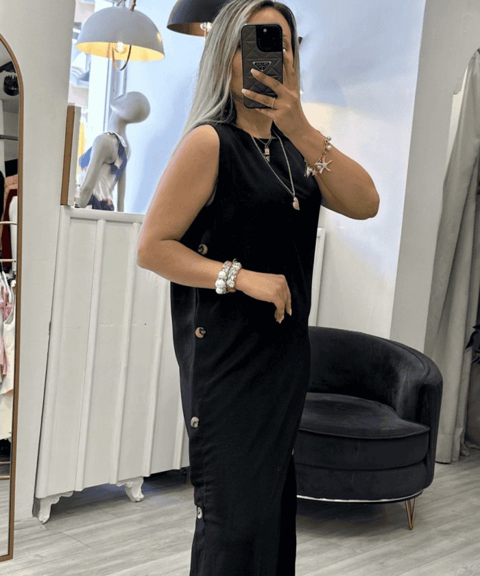 Düğme Detaylı Siyah Keten Elbise