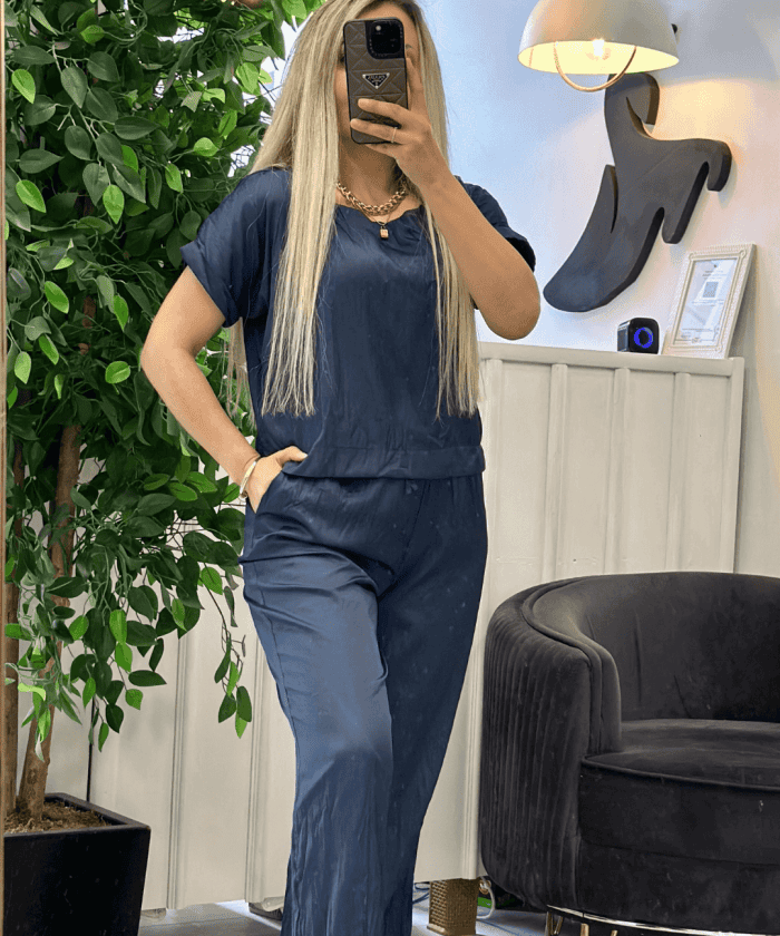 İpek Saten Kısa Kol Lacivert İkili Takım