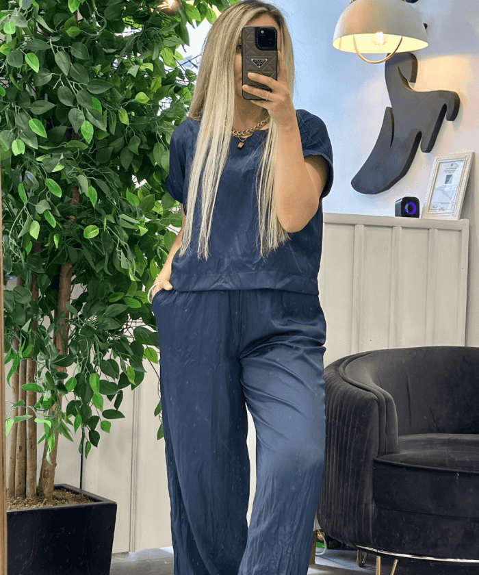 Alternative view of İpek Saten Kısa Kol Lacivert İkili Takım