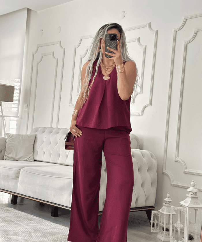 Bordo Renk Rahat Kalıp Keten İkili Takım