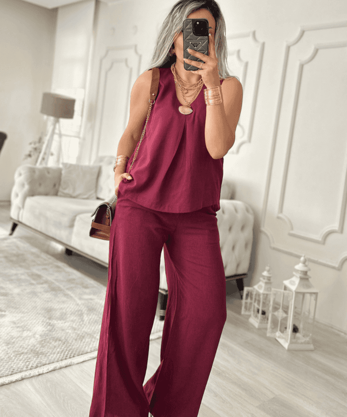 Alternative view of Bordo Renk Rahat Kalıp Keten İkili Takım