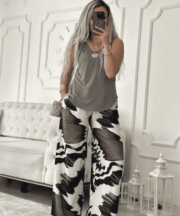 Desenli Beli Lastikli Palazzo Pantolon