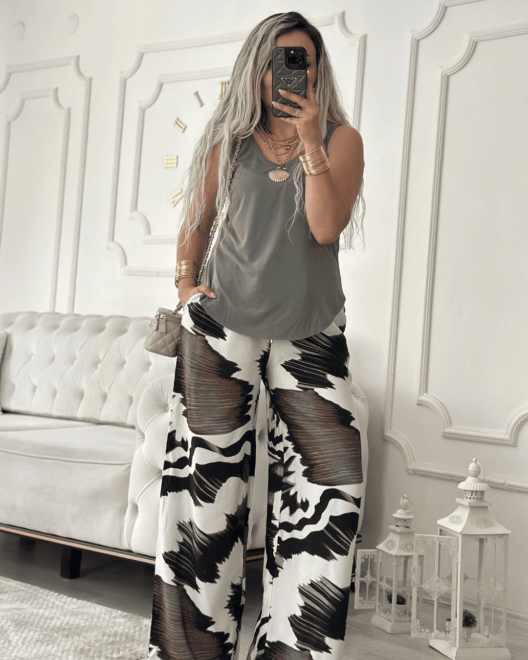 Desenli Beli Lastikli Palazzo Pantolon