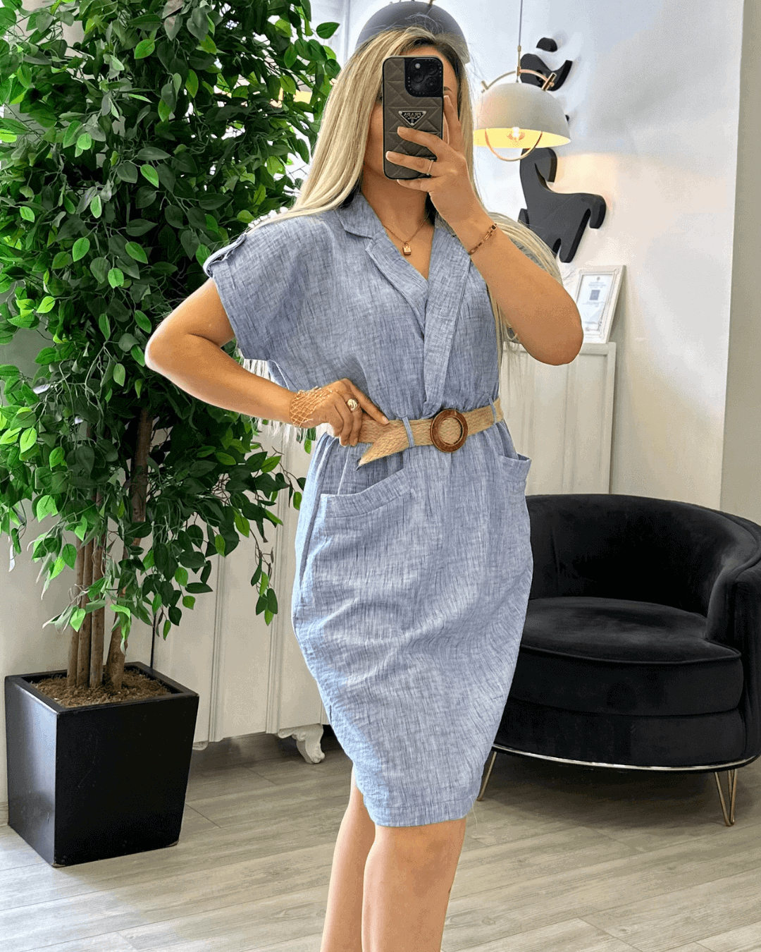 Kemerli Keten Mavi Elbise