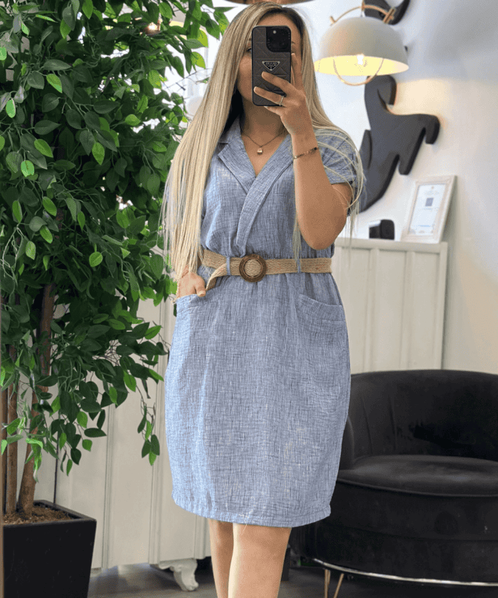 Alternative view of Kemerli Keten Mavi Elbise