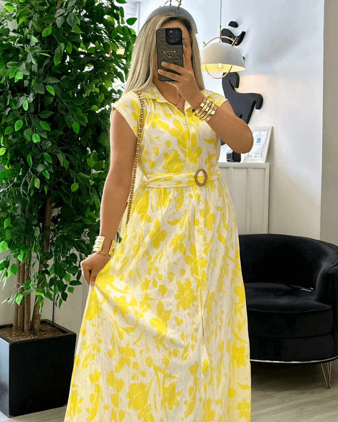 Maxi Çiçek Desenli Kemerli Elbise