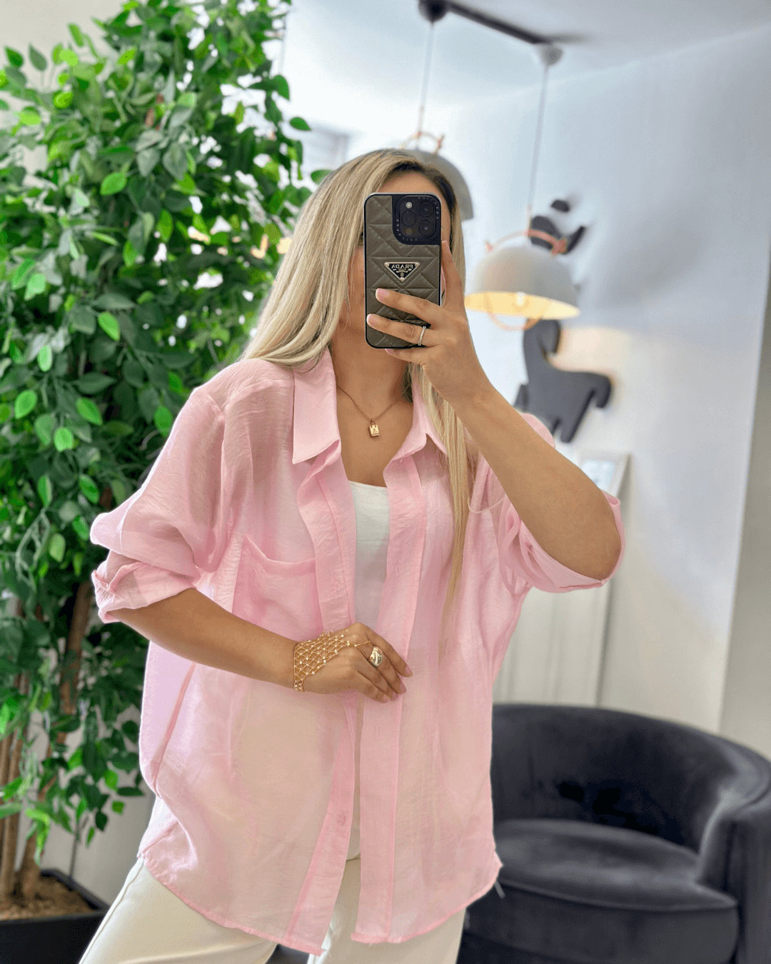 Standart Beden Organze Pudra Oversize Gömlek