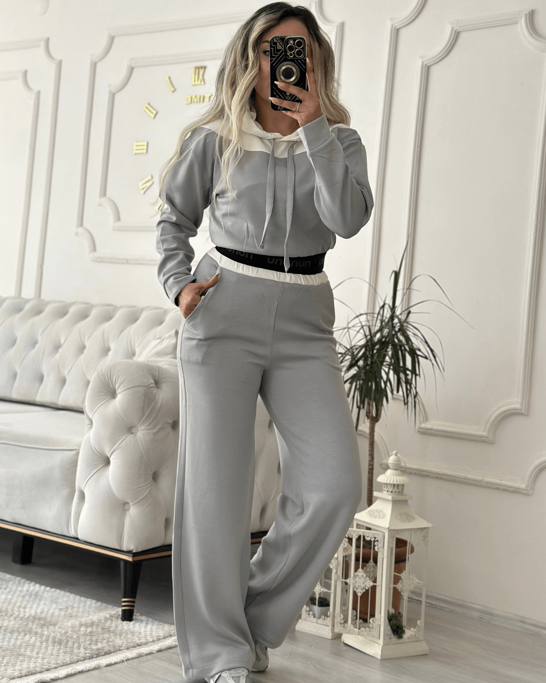 Gri Kapüşonlu Beli Lastikli Spor İkili Takım