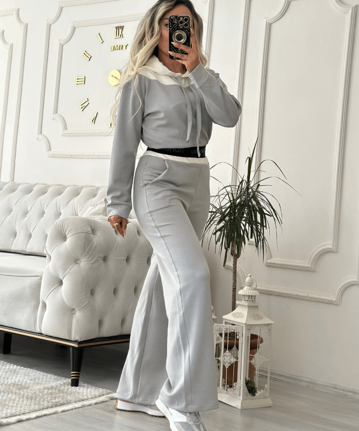 Alternative view of Gri Kapüşonlu Beli Lastikli Spor İkili Takım