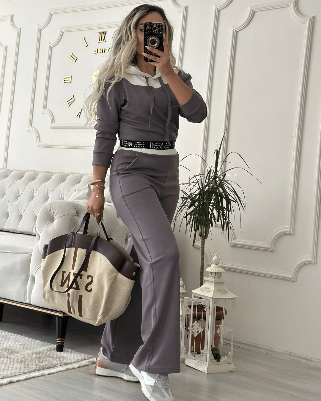 Gri Kapüşonlu Spor İkili Takım