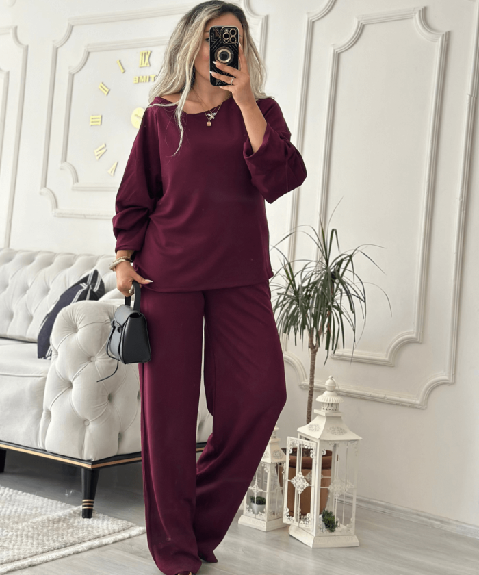 Alternative view of Standart Modal Kumaş Düşük Omuz Bordo İkili Takım