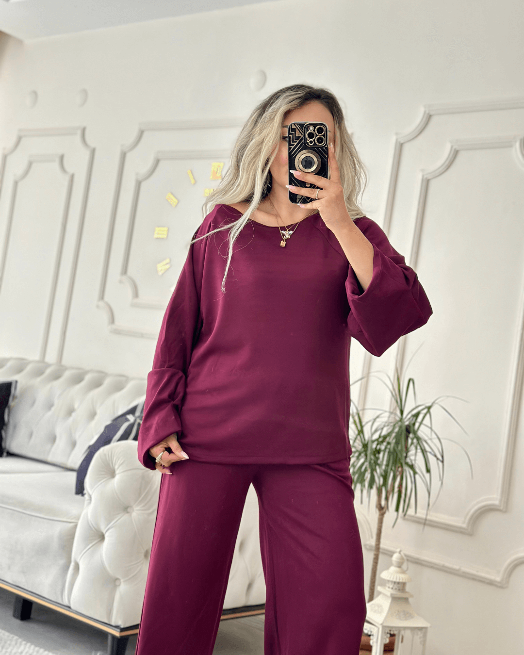 Standart Modal Kumaş Düşük Omuz Bordo İkili Takım