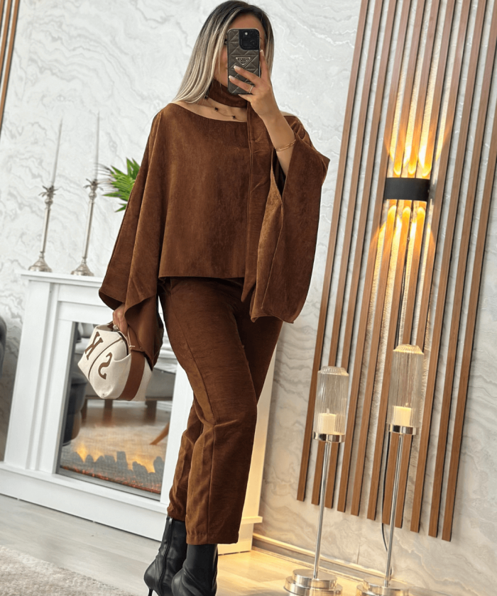 İnce Kadife Fular Detaylı Kimono Takım