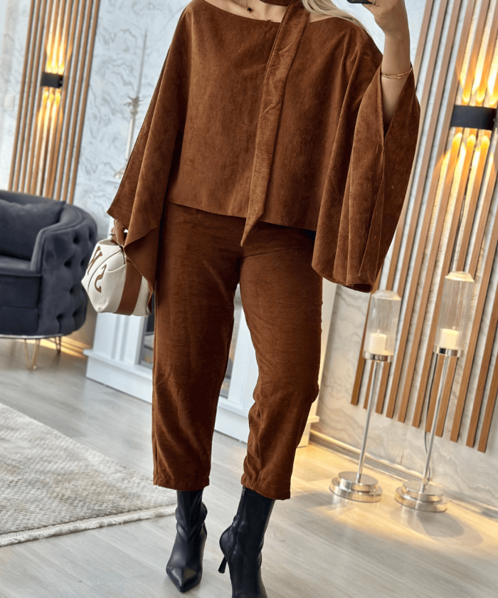 Alternative view of İnce Kadife Fular Detaylı Kimono Takım