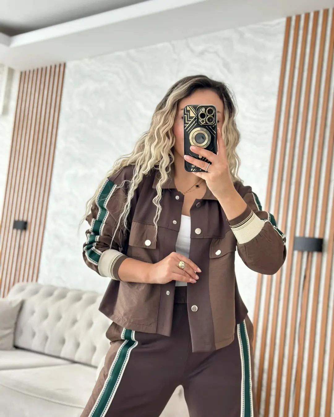 Şerit Detaylı Kahve İkili Takım