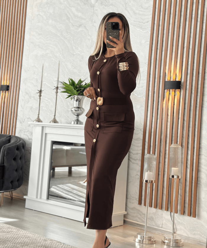 Alternative view of Kahve Marka Model Kemer Detaylı Esnek Elbise