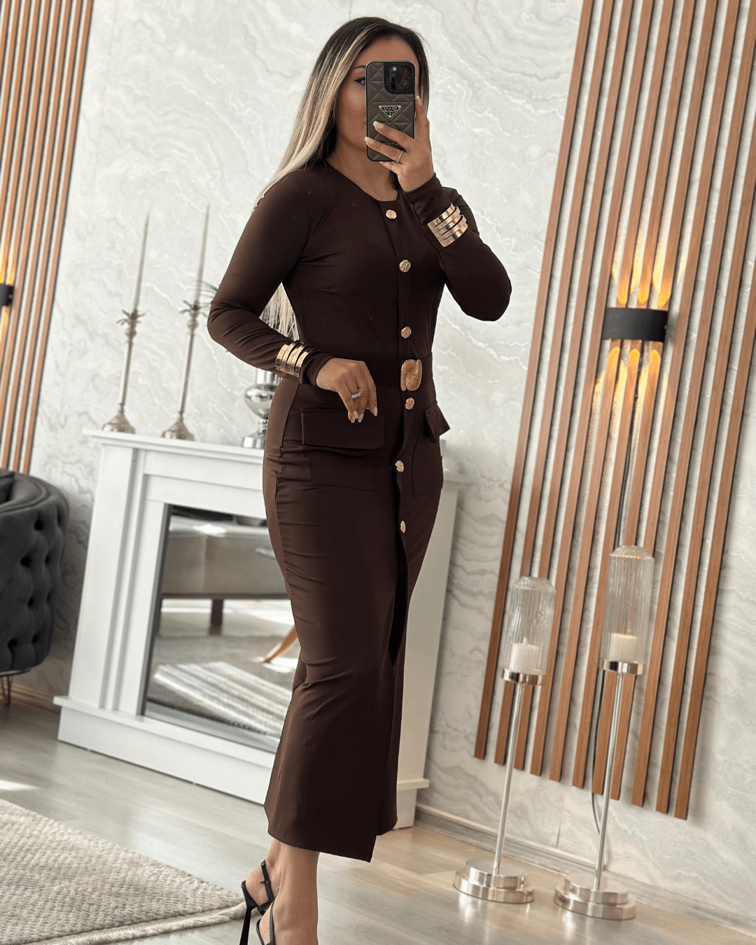 Kahve Marka Model Kemer Detaylı Esnek Elbise