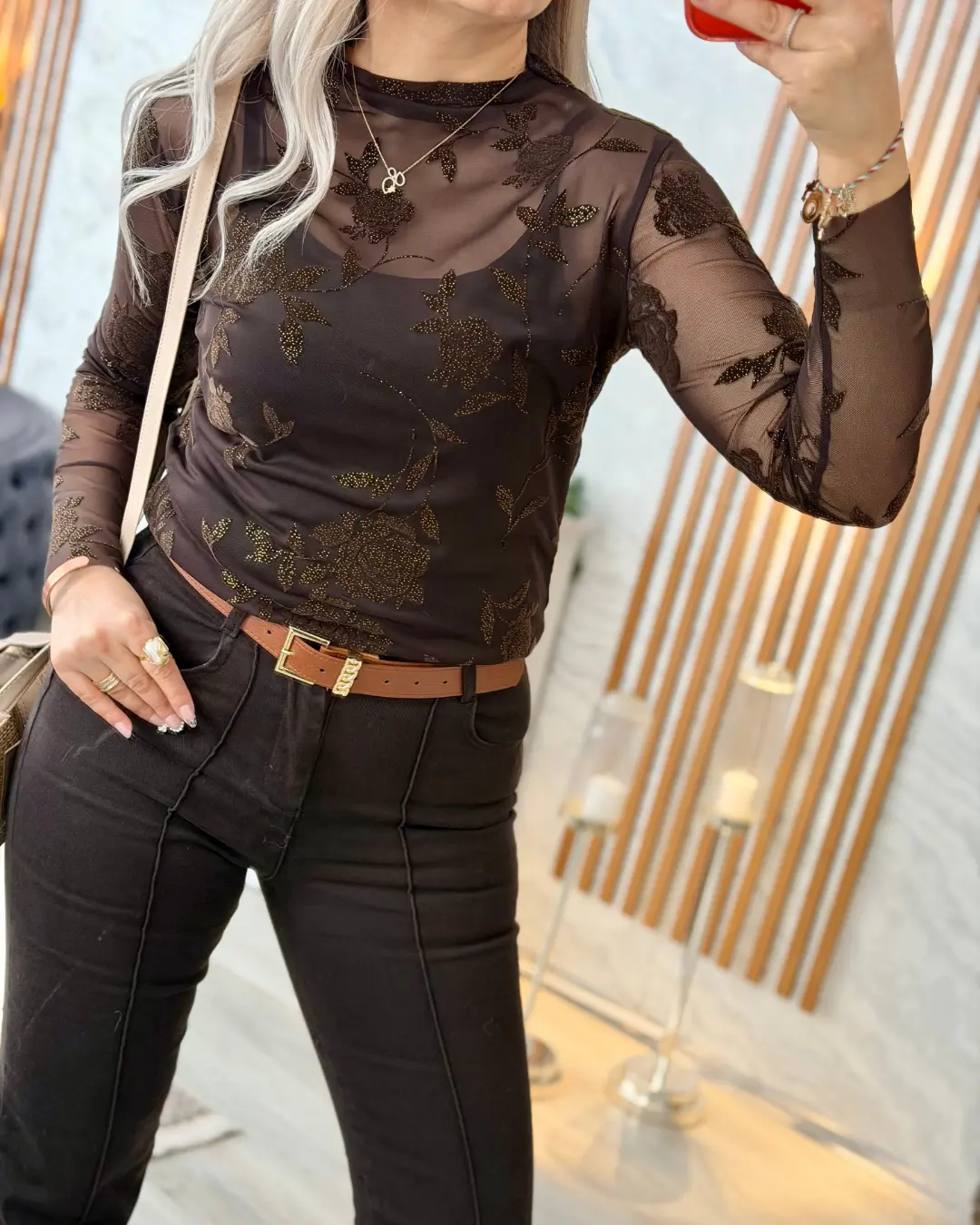 Nakışlı Simli Tül Bluz