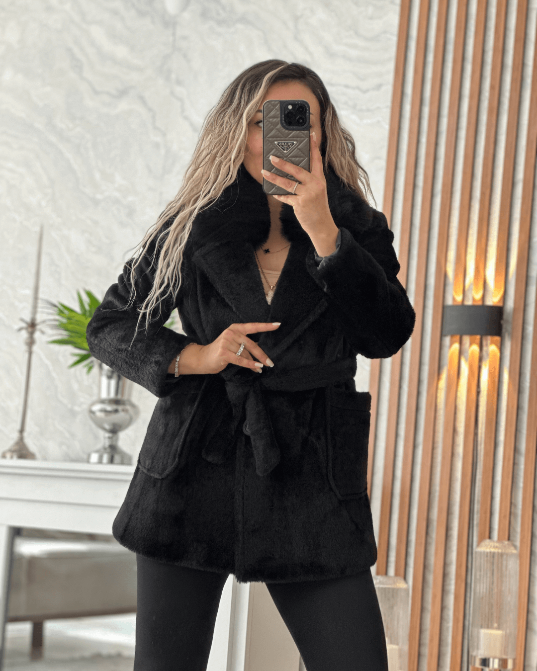 Premium Kalite Portatif Kürk Detaylı Kuşak Kaban