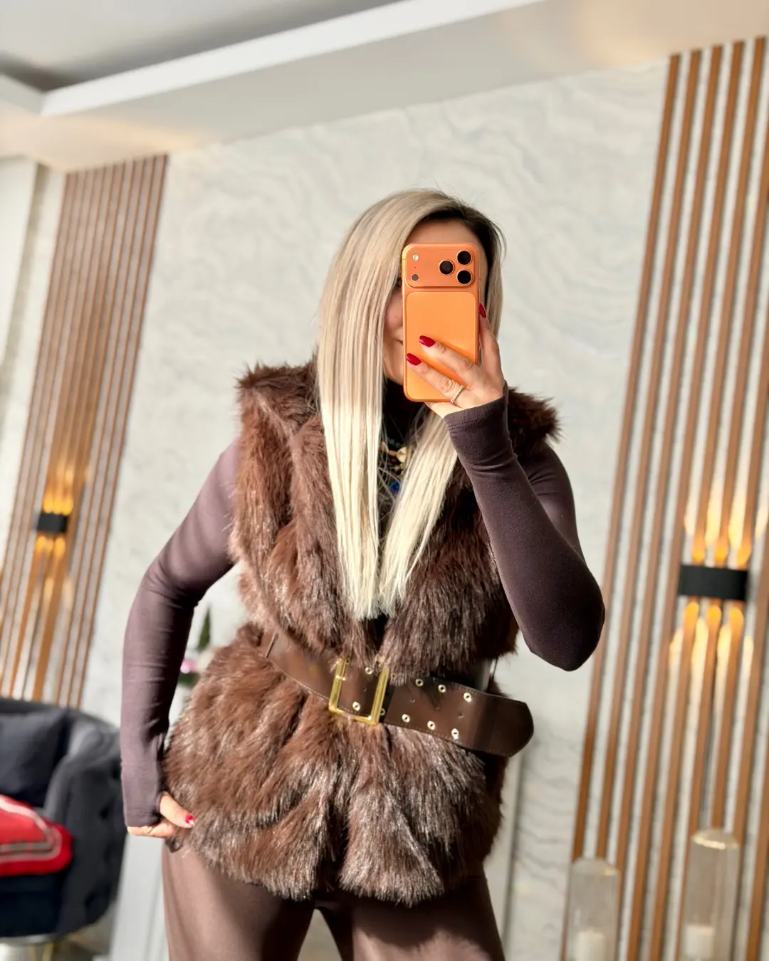 Premium Kendinden Kemerli Astarlı Kürk Yelek