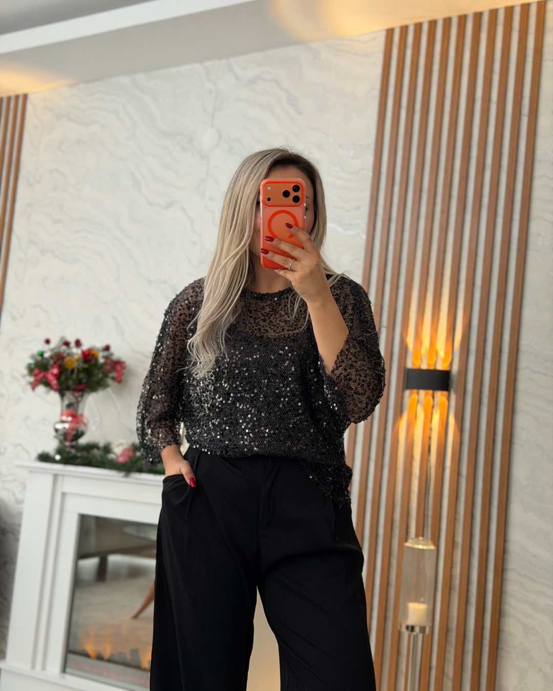 Sıfır Yaka Payetli Bluz