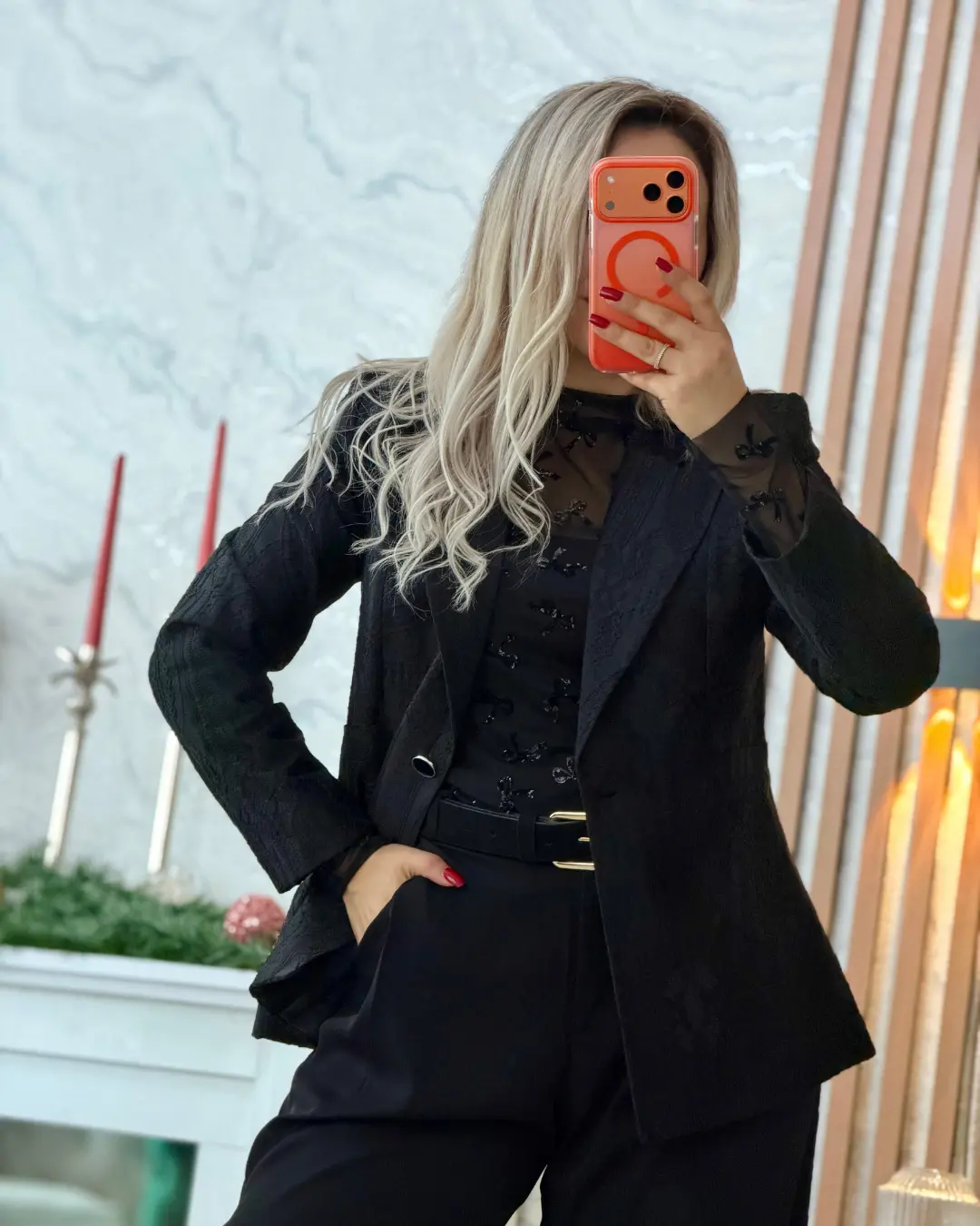 Silim Kesim Kendinden Desenli Klasik Ceket