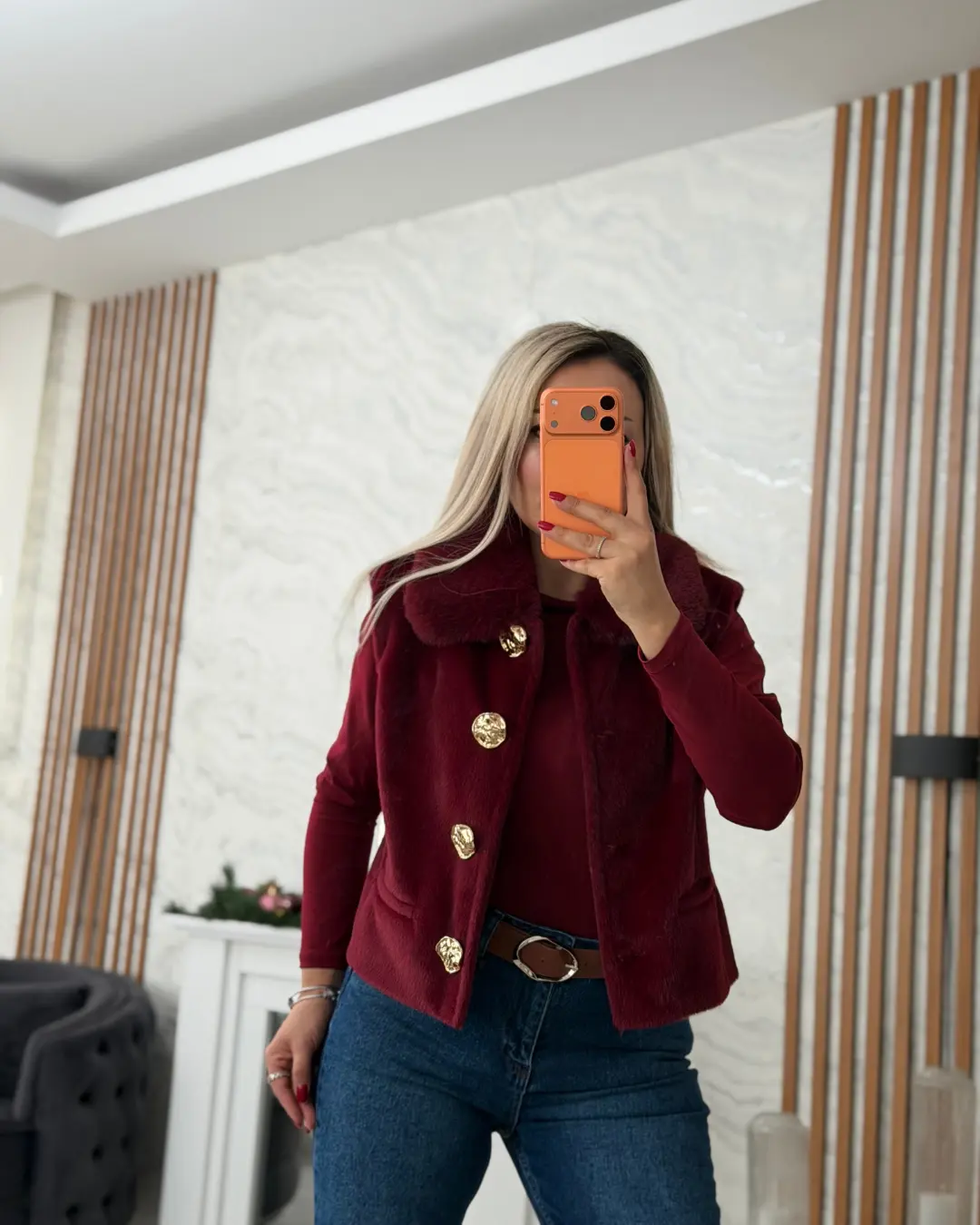 Yaka Kürk Detaylı Bordo Yelek