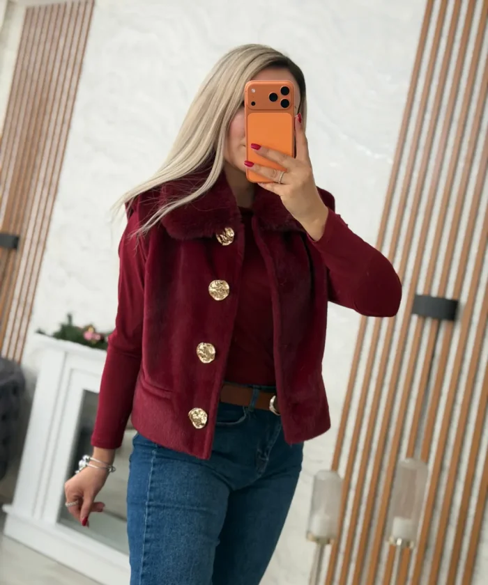 Alternative view of Yaka Kürk Detaylı Bordo Yelek