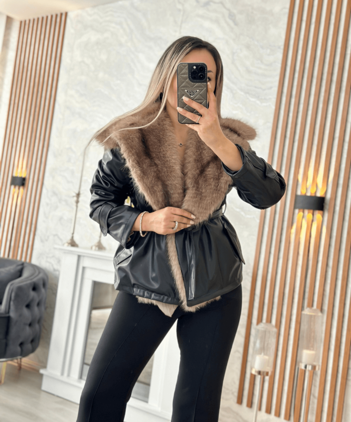 Alternative view of Yumoş Kürklü Deri Kuşaklı Mont