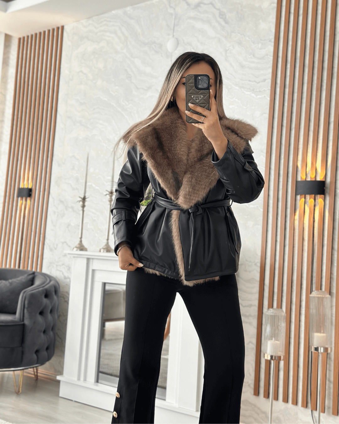 Yumoş Kürklü Deri Kuşaklı Mont